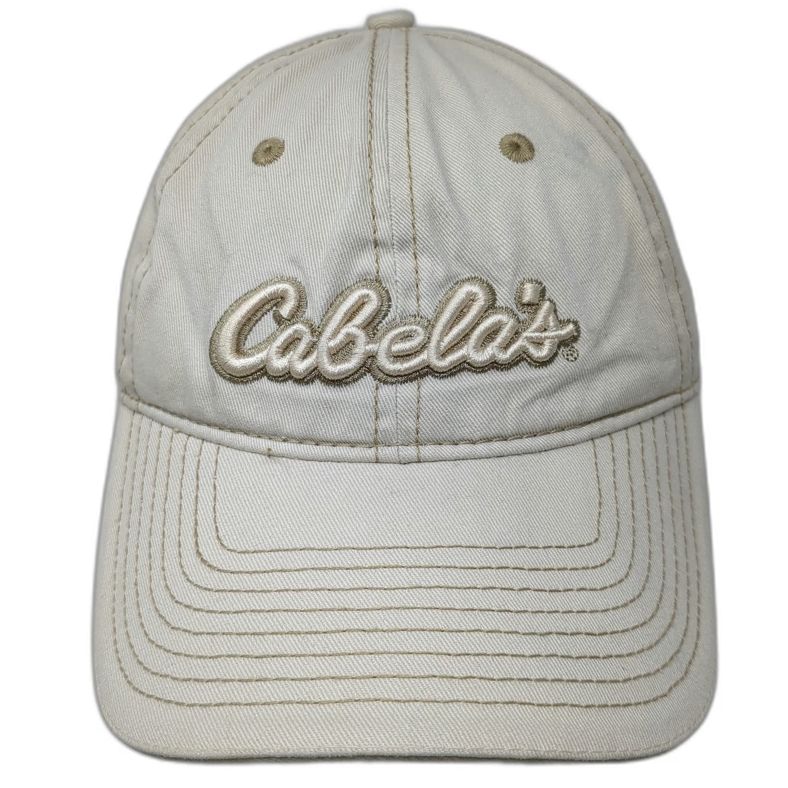 Cabelas Baseball Cap Beige One Size Slideback Script Logo Hat Embroidered